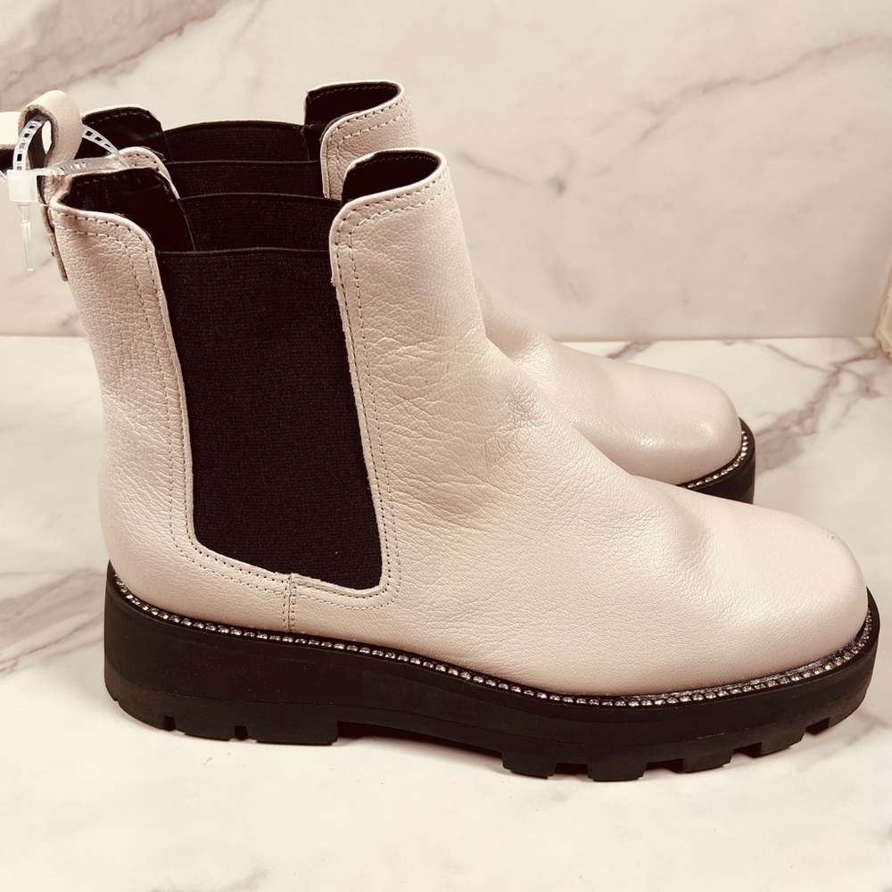 Leather Chelsea Bootie in Cream with Black Elastic
